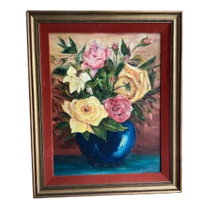 Vintage French Still Life Oil Painting on Canvas of a Bouquet of Roses, Signed