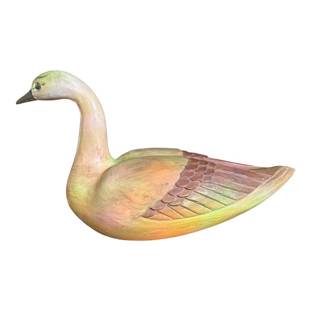 Mid Century Wood Carved Goose Decoy Brass Beak Frederick Cooper Style For Sale