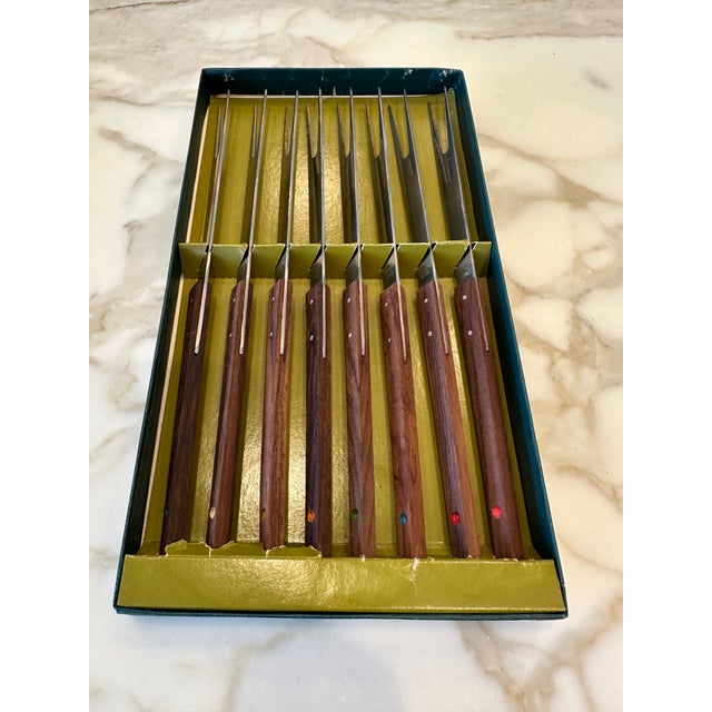 Mid-Century Modern MidCentury Japan Set of 8 Walnut and Stainless Fondue Forks in Original Box For Sale - Image 3 of 10