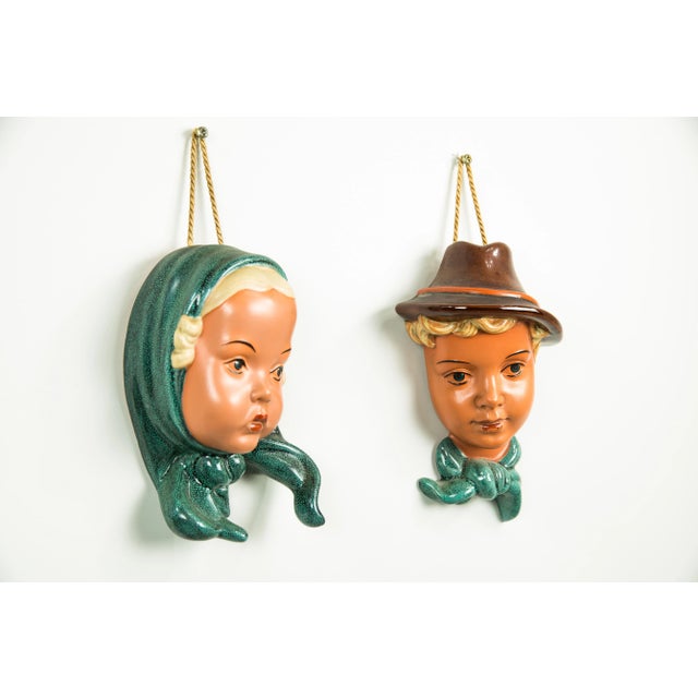Brown Ceramic Wall Masks, 1950s, Set of 2 For Sale - Image 8 of 11