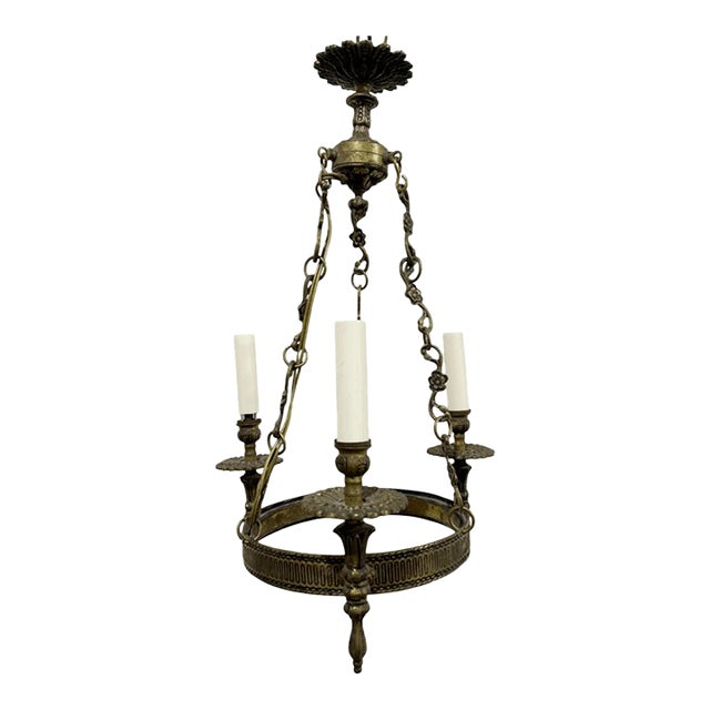 Vintage Neoclassical Style Ornate Floral Design Brass Weird 3 Arm Chandelier For Sale