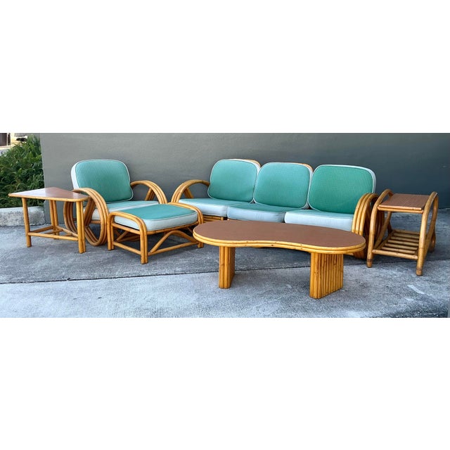 Vintage 1950s Beverly Hills Rattan Lounge Chairs and Ottoman For Sale - Image 9 of 12