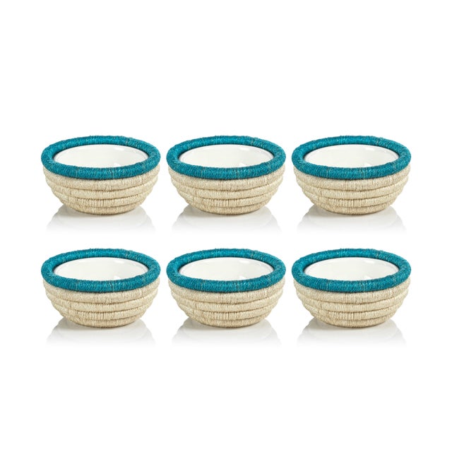 2020s Matera 5.25"Coiled Abaca Condiment Bowls, Set of 6, Turquoise For Sale - Image 5 of 5