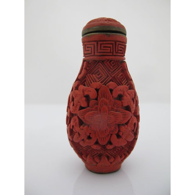 Chinese Carved Red Cinnabar Flower & Geometric Lacquer Snuff Bottle For Sale In Portland, OR - Image 6 of 11
