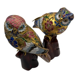 Vintage Chinese Cloisonné Owls on Wood Stump Bases - A Pair For Sale