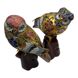Vintage Chinese Cloisonné Owls on Wood Stump Bases - A Pair