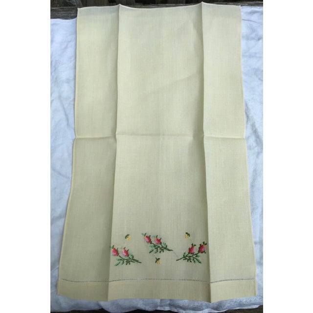 Mid 20th Century Antique Lemon Yellow Embroidered Linen Hand Towel For Sale - Image 5 of 7