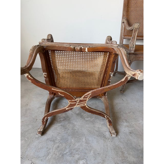 Vintage Hollywood Regency Louis XV-Style Carved Wood & Cane Armchairs – A Pair For Sale - Image 10 of 13