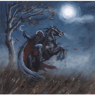 The Horsemen by Morgan Cameron | Oil on panel Oil painting of a horseman riding a black horse at night. For Sale