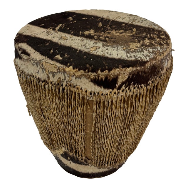 Vintage African Tribal Animal Hide Drum With Woven Fiber Body For Sale