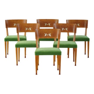 Art Deco Swedish Chairs in Birch & Mohair with Griffin Inlays from Klismos, 1930s, Set of 6 For Sale
