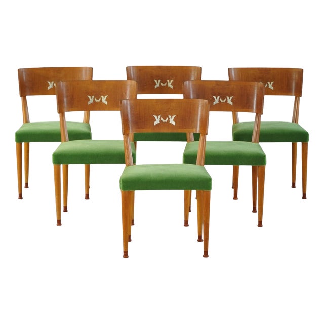 Art Deco Swedish Chairs in Birch & Mohair with Griffin Inlays from Klismos, 1930s, Set of 6 For Sale