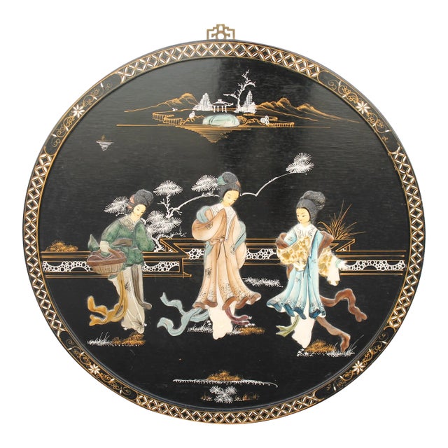 1940s Asian Chinoiserie Hand Crafted Black Lacquered and Painted Wall Art For Sale