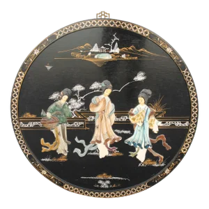 1940s Asian Chinoiserie Hand Crafted Black Lacquered and Painted Wall Art