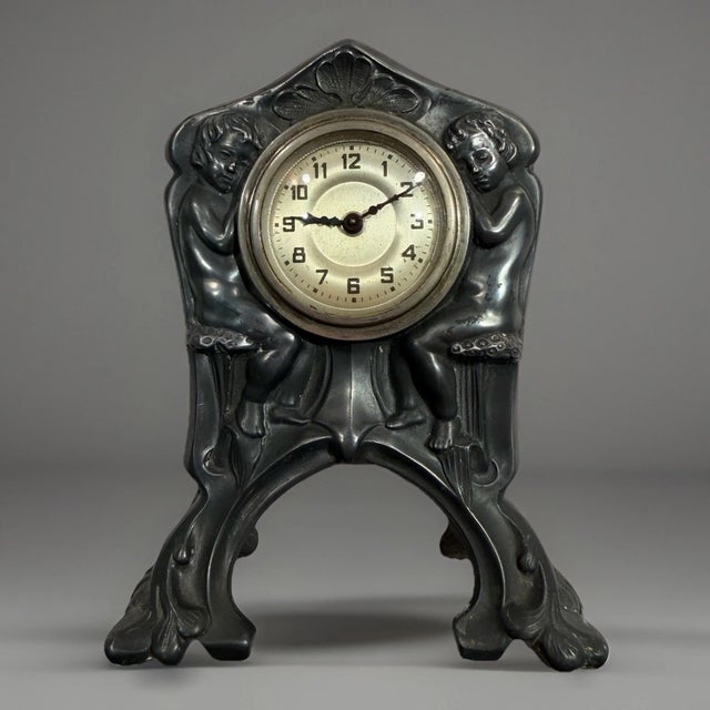 Metal Antique German Art Nouveau Desk Clock For Sale - Image 7 of 11