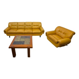 Mid-Century Italian Brutalist Leather Livingroom Set, 1960s, Set of 3 For Sale