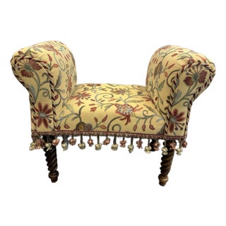 1990s Barley Twist Rolled Arm Crewel Fringed Bench For Sale