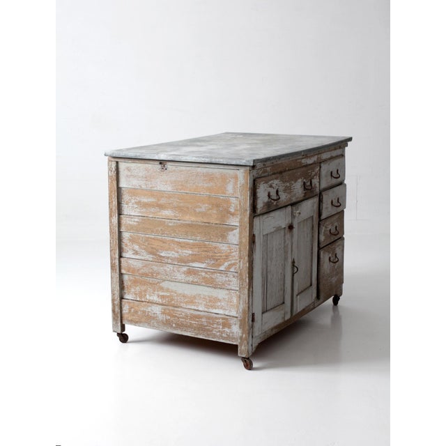 Antique Farmhouse Kitchen Work Table With Galvanized Top For Sale - Image 16 of 18