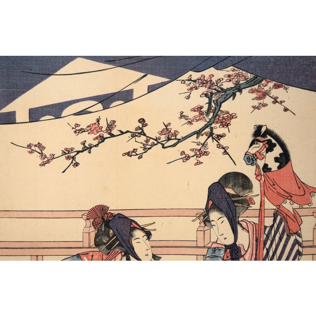 Early 20th Century "Toy Horse Dance" Japanese Woodblock Triptych With Beauties and Mt Fuji by Utagawa Toyohiro For Sale - Image 5 of 10