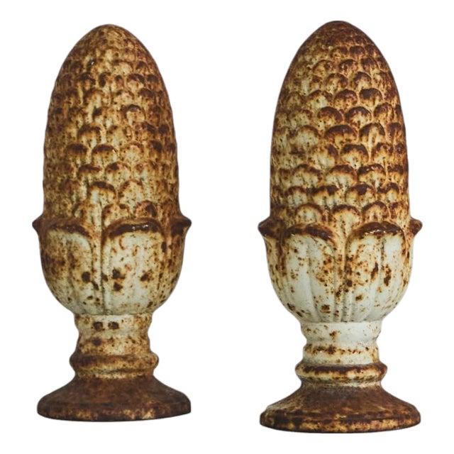 Antique Patinated Cast Iron Pinecone Finials, 1890s, Set of 2 For Sale