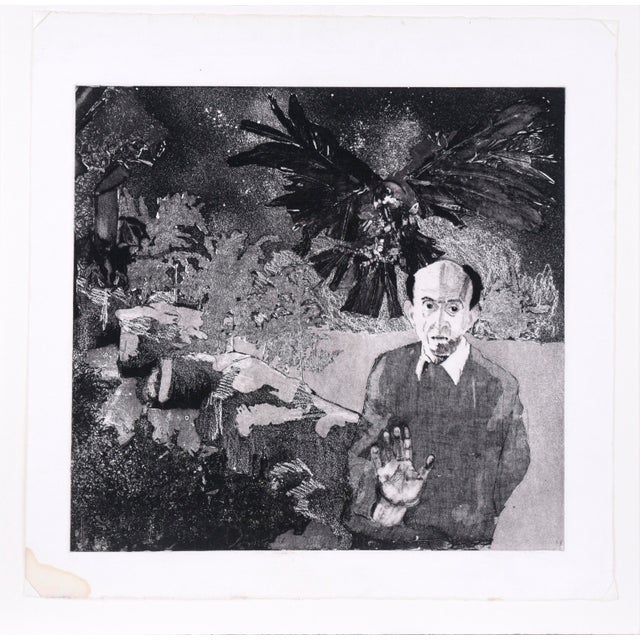 Crow and Man - Abstracted Etching in Ink on Paper Bold, slightly abstracted etching of a crow and a man by Claudette M....