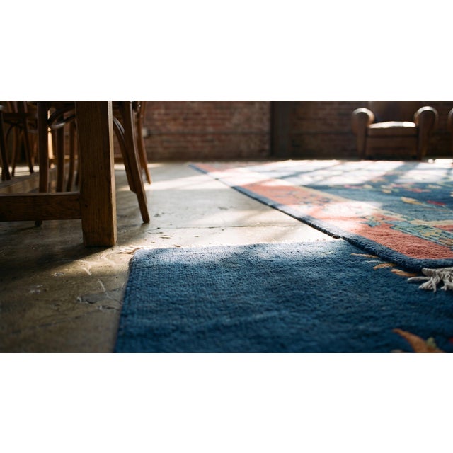 Navy Blue 1920s Blue Navy Floral Antique Chinese Art Deco Rug 6' X 8'8" Handknotted Wool Carpet For Sale - Image 8 of 9