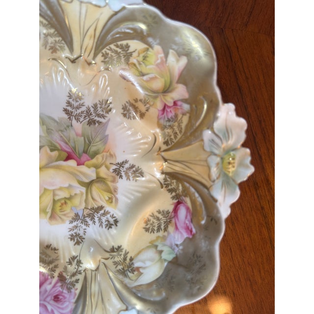 Antique Porcelain Molded Floral Bowl Heavy Gold Gilt Ornate C1910 Orchids Roses For Sale - Image 16 of 17