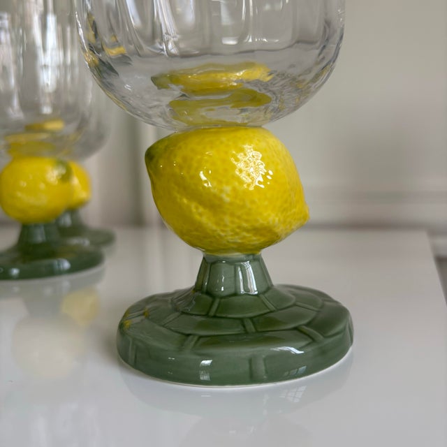 Yellow Bordallo Pinheiro Style Green Stem Lemon Motif Hand Blown Fluted Glass Goblets - Set of 12 For Sale - Image 8 of 9