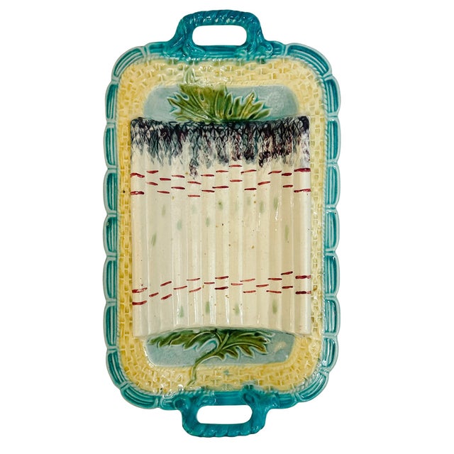 Blue 19th Century French Majolica Asparagus Serving Tray With Handles by Salins For Sale - Image 8 of 13