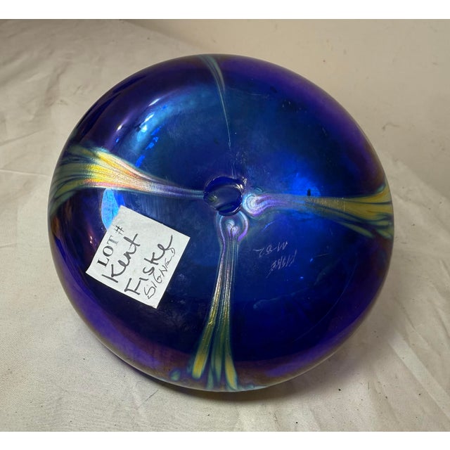Vintage Hand Blown Kent Fiske Blue Iridescent Art Glass Splatter Vase Sculpture For Sale - Image 9 of 14