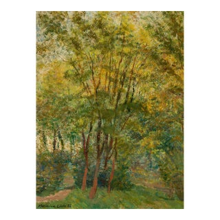 Vintage Autumn Forest Art Print – Green & Gold Woodland by Libin, 24" X 32" For Sale