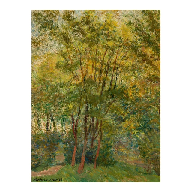 Vintage Autumn Forest Art Print – Green & Gold Woodland by Libin, 24" X 32" For Sale
