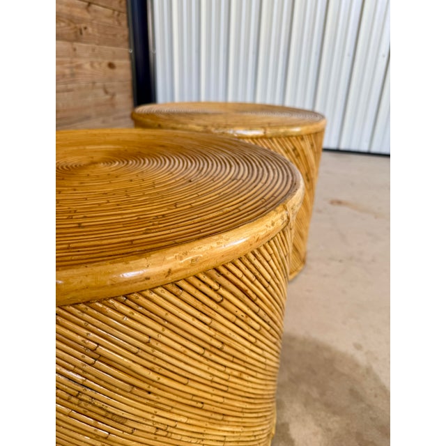 Tan Mid-20th Century Organic Modern Refinished Pencil Rattan Drum Side Tables by Maitland-Smith-Pair For Sale - Image 8 of 12