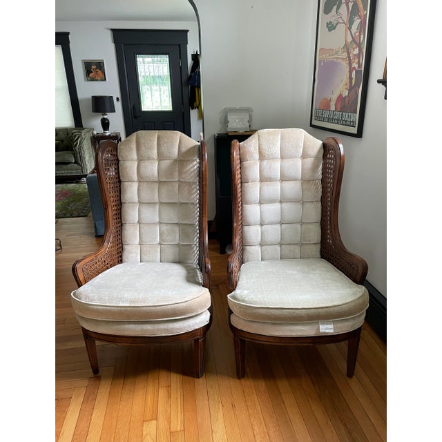 LeWittes 1970’s Caned Wingback Velvet Chairs Pair For Sale - Image 12 of 16