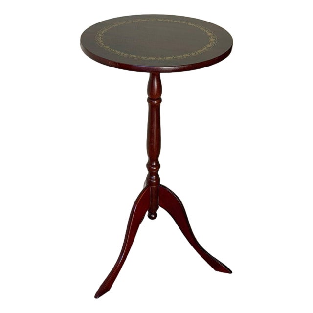 Vintage Danish Rosewood Pedestal Side Table With Gold Inlay – Round Accent Table For Sale