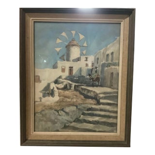 Greek Island Watercolor Painting With Windmill & Cowboy For Sale