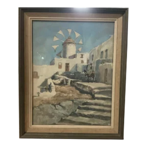 Greek Island Watercolor Painting With Windmill & Cowboy