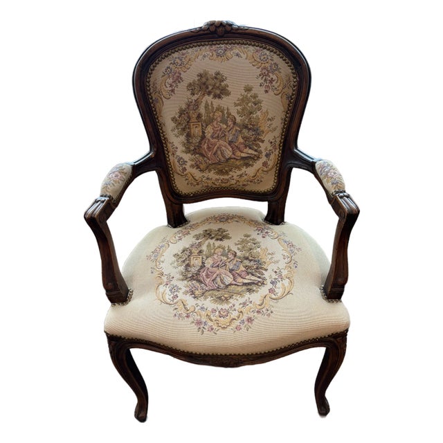 Vintage French Louis XV Style Carved Walnut Fauteuil With Pastoral Tapestry Upholstery For Sale