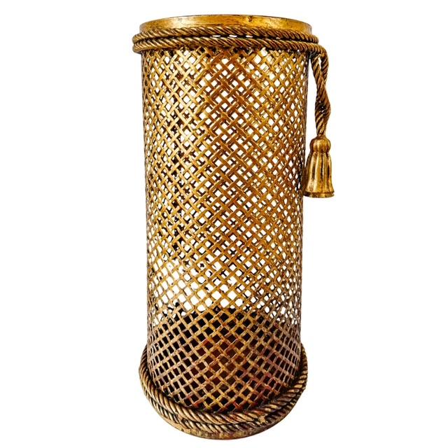 Mid-Century Modern 1950 Mid-Century Italian Gilt Metal Lattice & Rope Tassel Umbrella Stand, Attr. To Li Puma Firenze For Sale - Image 3 of 9
