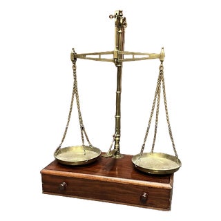 Large Chemist's Shop Scales in Brass on Mahogany Cabinet For Sale