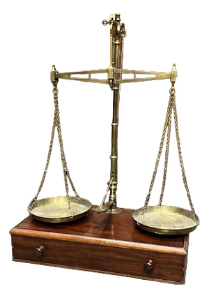 Large Chemist's Shop Scales in Brass on Mahogany Cabinet