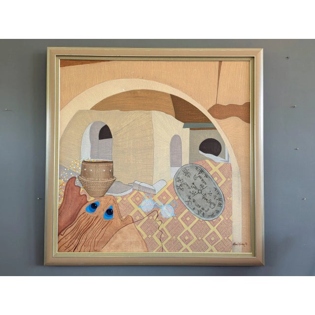 ANCIENT WHISPERS Size: 26.8 x 26.8 inches (including frame) Oil on canvas A surreal and richly symbolic painting, executed...