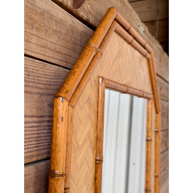 Chocolate Vintage Octagonal Faux Bamboo and Woven Rattan Wall Mirror For Sale - Image 8 of 12