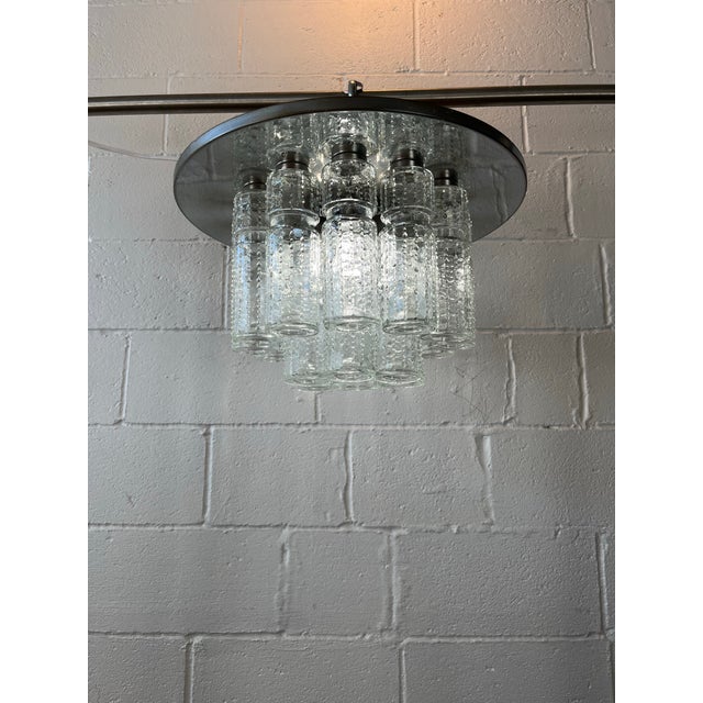 Metal Mid Century Flush Mount Chandelier Hand Blow Glass Prisms For Sale - Image 7 of 7