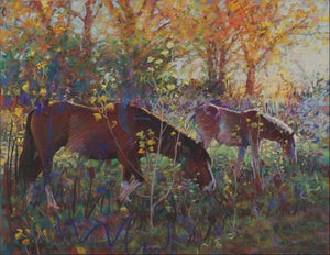 Grazers by Jeff Slemons | Soft Pastel On Sanded Paper Horses grazing in a colorful landscape.