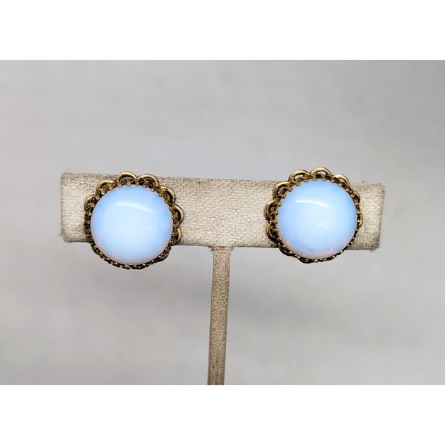 Mid-Century Modern Vintage 1950s Signed Napier Round Goldtone Faux-Moonstone Clip Earrings- 2 Pieces For Sale - Image 3 of 7