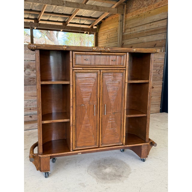 Vintage Boho Coastal Rattan & Pencil Reed Rolling Bar Cabinet With Gallery Rail For Sale - Image 9 of 12