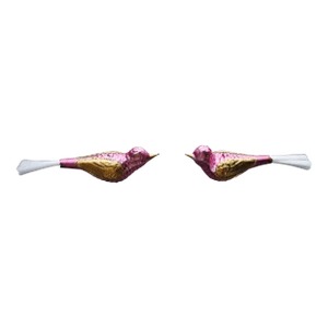 Pair of Vintage Pink and Gold Mercury Glass Mica Clip on Bird Ornaments