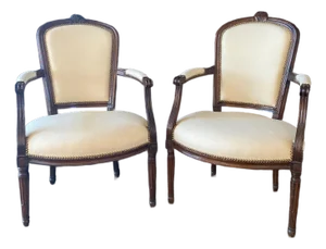 Louis XVI Carved Mahogany Fauteuil Arm Chairs -a Pair