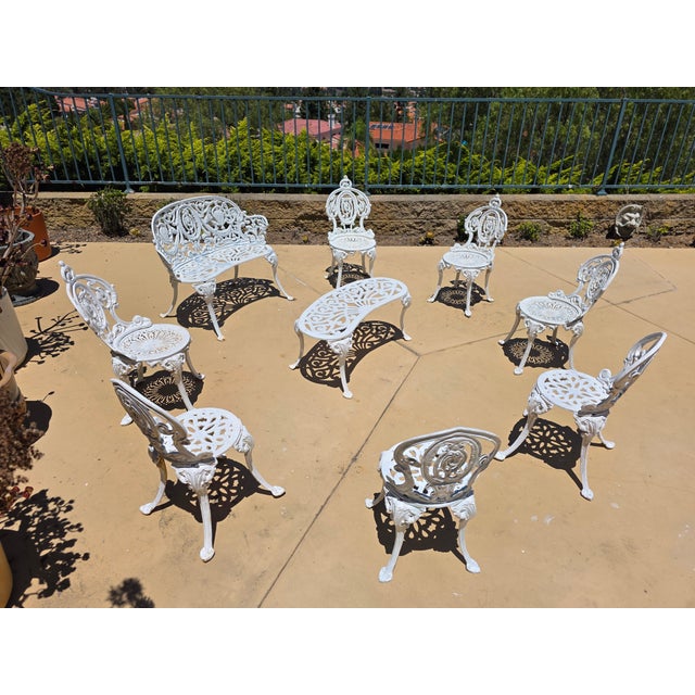 Victorian 1940s Victorian Garden Bistro Bench, Center Table & Chairs, 9 Pieces For Sale - Image 3 of 4